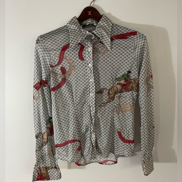 Vintage Disco Button Up Wayne Rogers 100% Nylon Shirt Horses Size 13/14 L - Picture 1 of 5